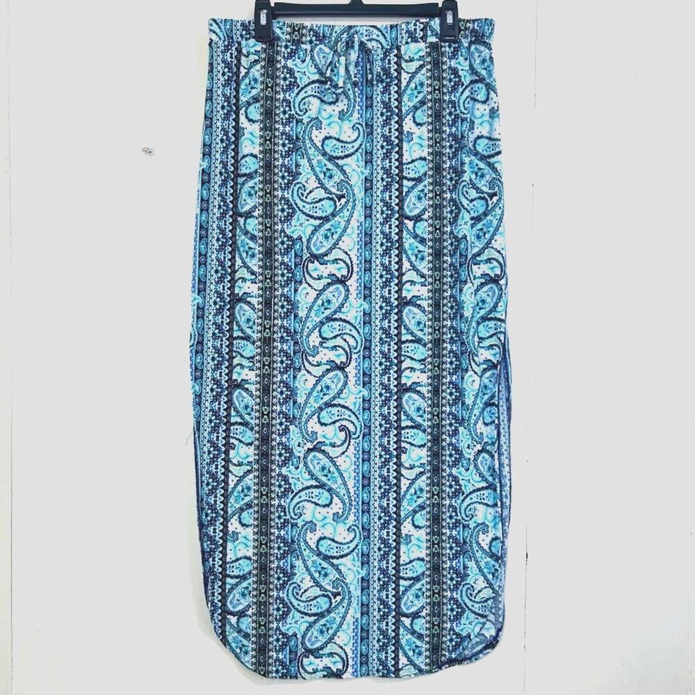 Bobbie Brooks Women's Maxi Skirt Size XL Blue Green Paisley Print Skirt Slit